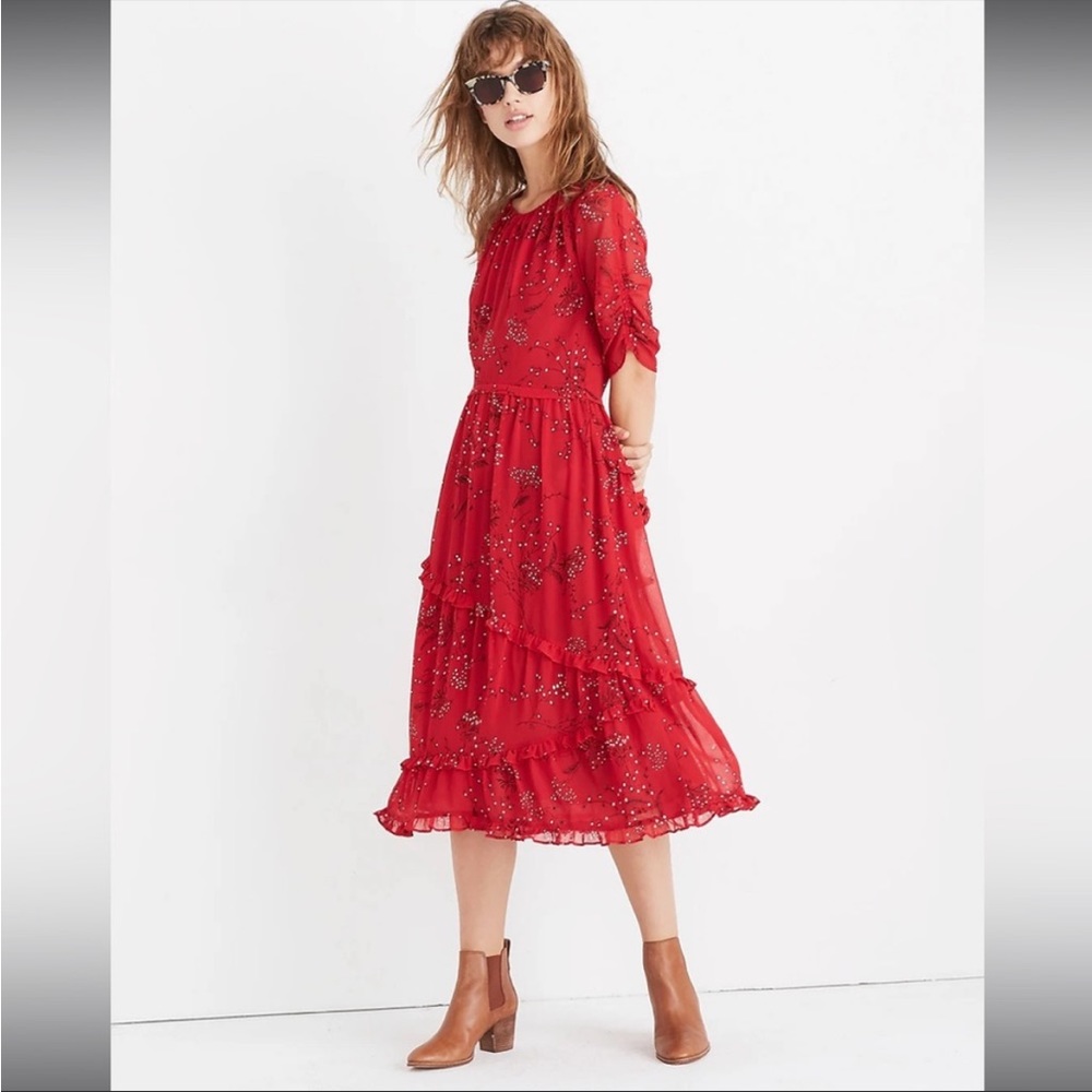 Madewell windpoppy ruffle midi dress FLORAL RED